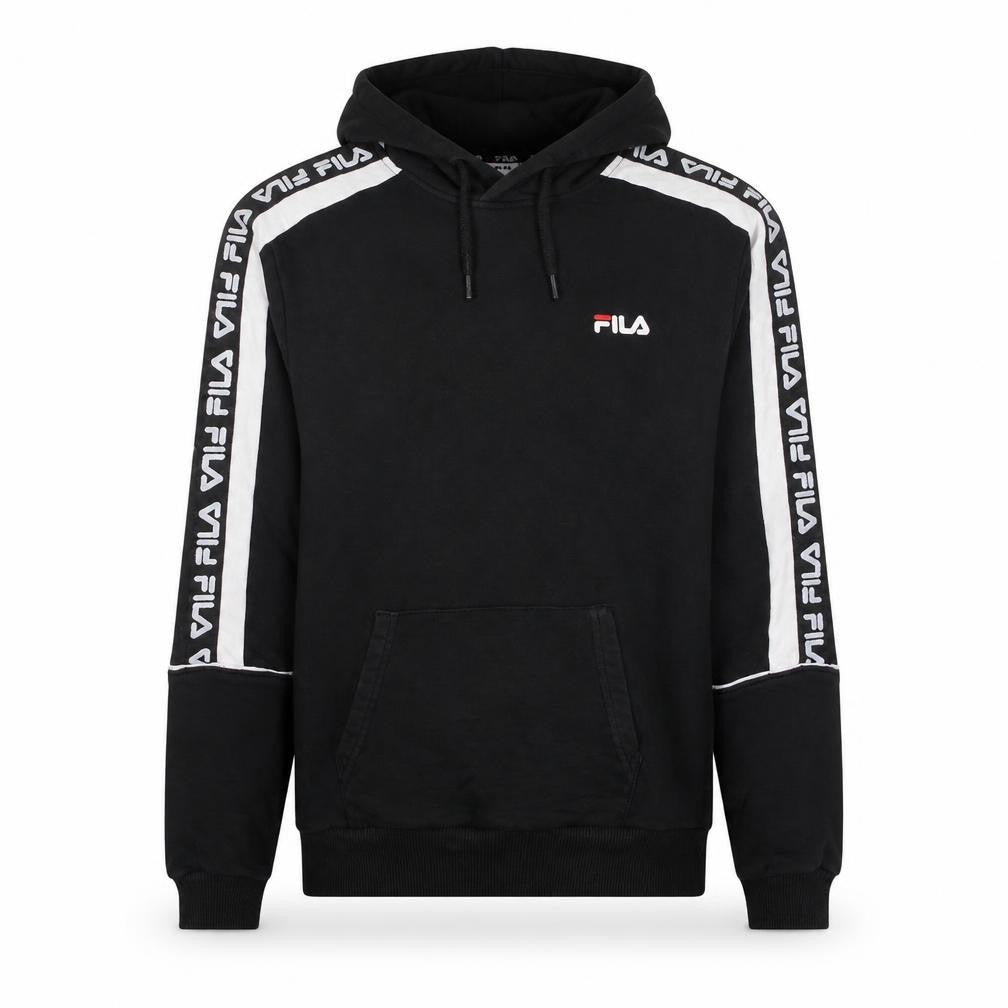 Front view of Fila Men's Black XS Pullover Hoodie with Logo Tape Trim