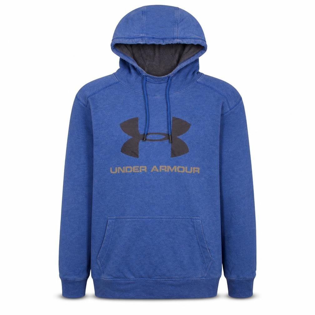 Front view of Under Armour Men's Blue Pullover Hoodie, size S, Logo Fleece