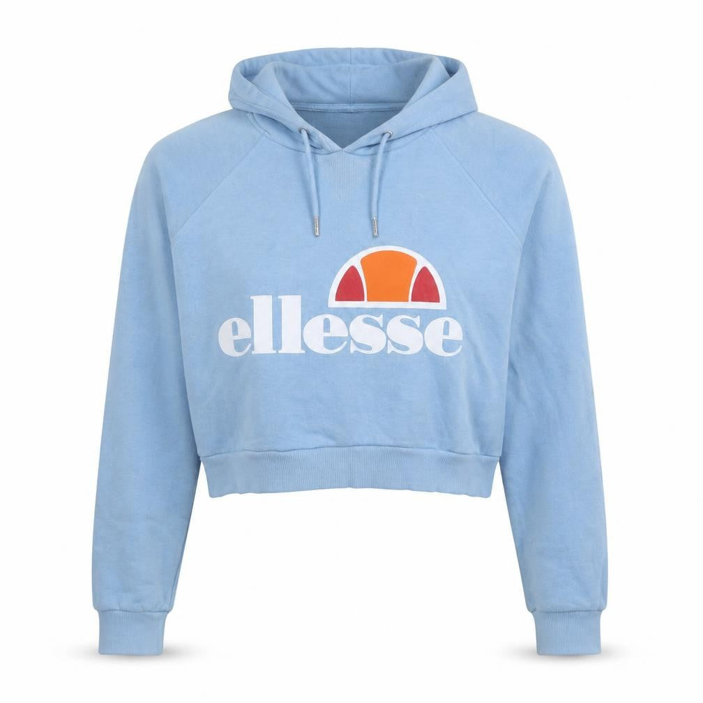Front view of Ellesse Women's Blue Cropped Hoodie, size 12, Cotton Logo Pullover