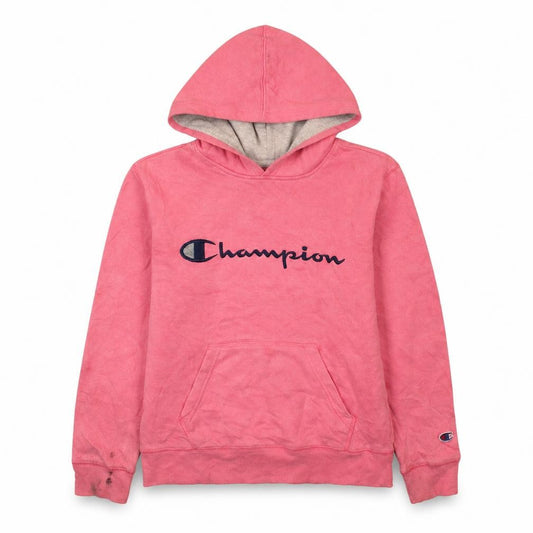 Front view of Champion women’s pink pullover hoodie sweatshirt, size M