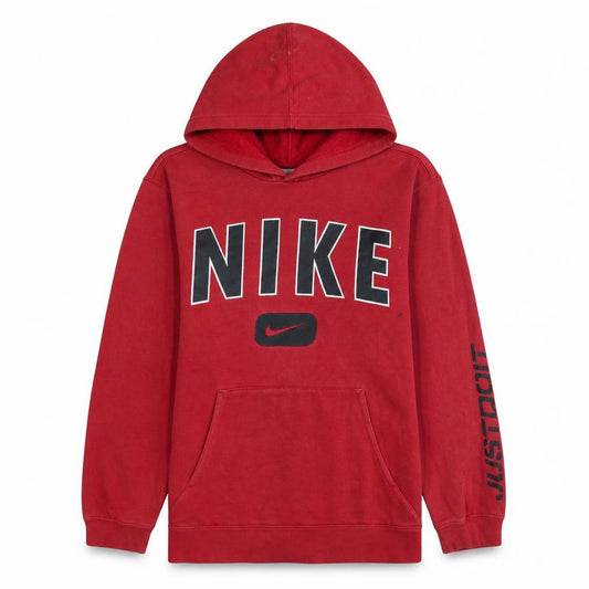 Front view of Nike Teens Red Pullover Hoodie Sweatshirt, size L, Logo Print