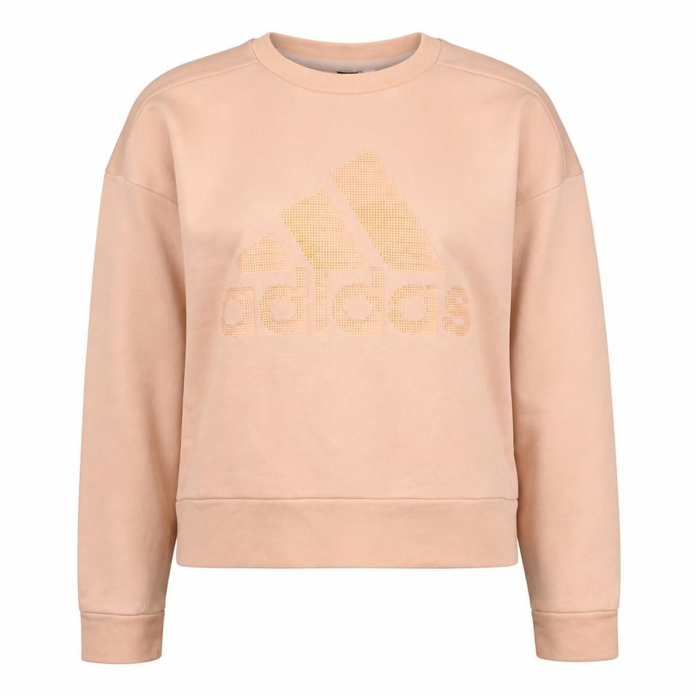 Front view of Adidas women’s beige logo crew neck pullover sweatshirt, size S
