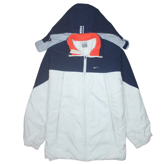 Nike Mens White Blue Hooded Puffer Jacket Size L Winter Coat