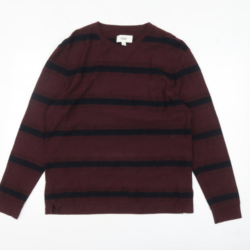 Marks and Spencer Men's Brown Striped Long Sleeve Cotton Top M