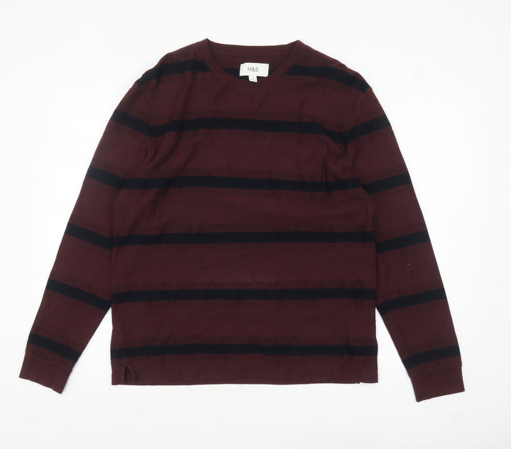 Marks and Spencer Men's Brown Striped Long Sleeve Cotton Top M