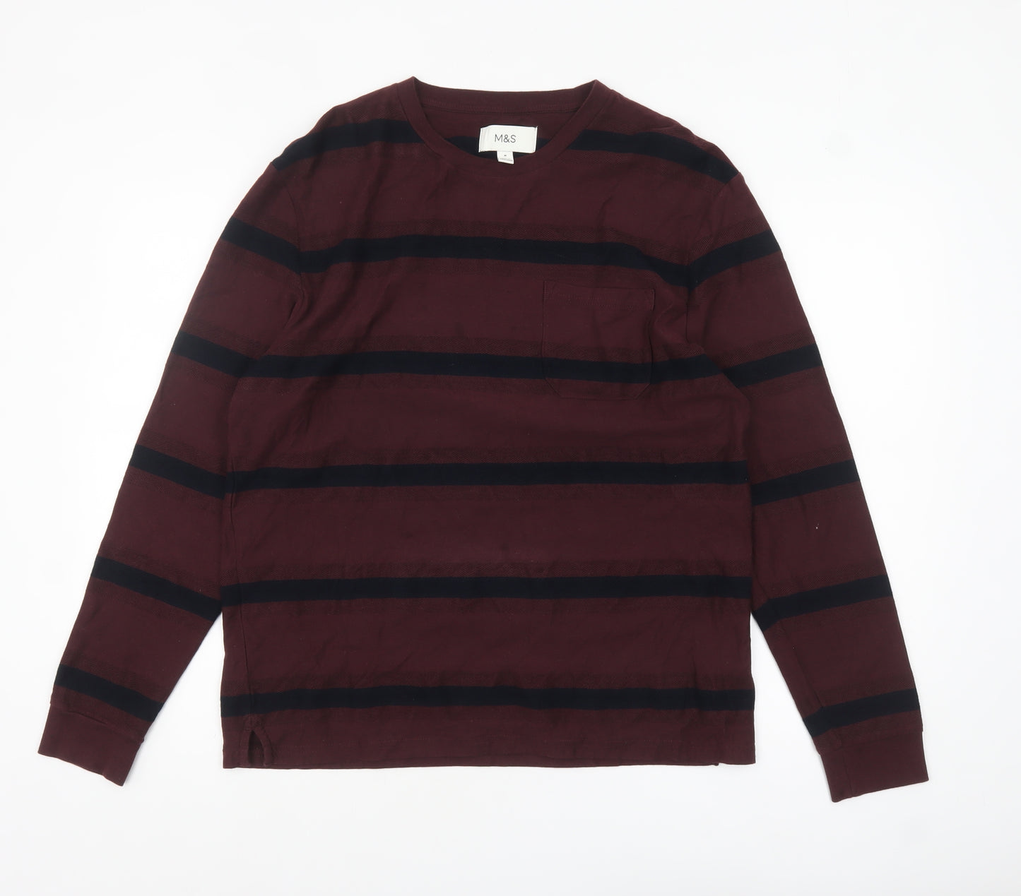 Marks and Spencer Men's Brown Striped Long Sleeve Cotton Top M