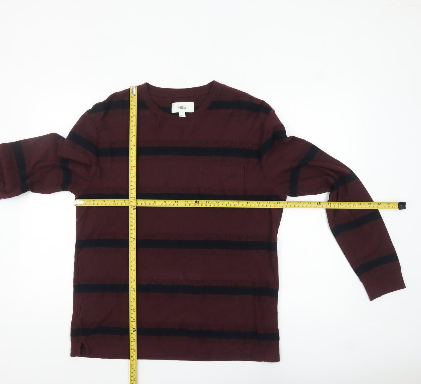 Marks and Spencer Men's Brown Striped Long Sleeve Cotton Top M