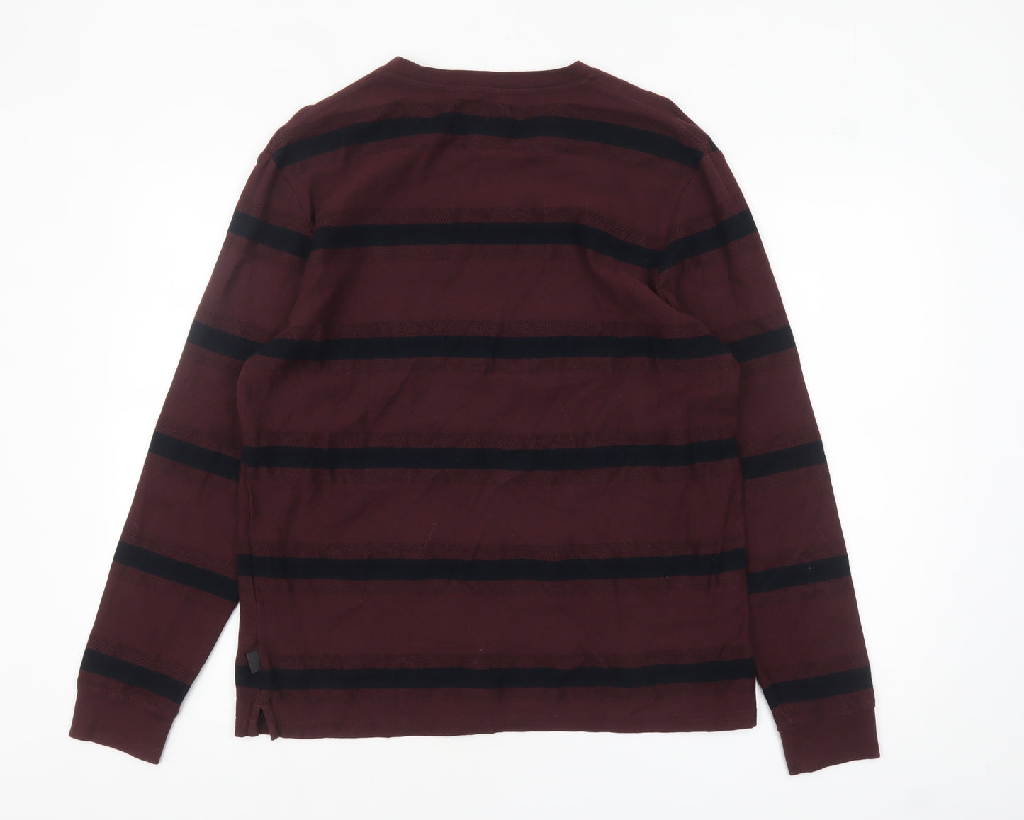 Marks and Spencer Men's Brown Striped Long Sleeve Cotton Top M