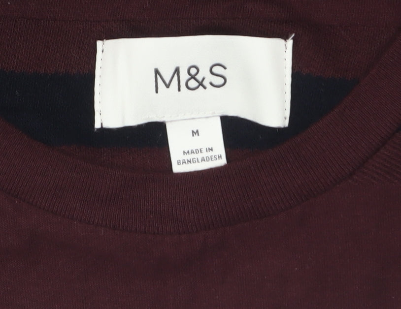 Marks and Spencer Men's Brown Striped Long Sleeve Cotton Top M