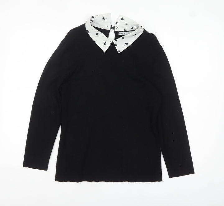 Oasis Womens Black Collared Knit Long Sleeve Blouse Size L