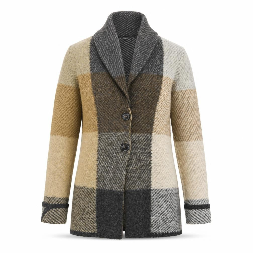 Front view of Olsen Women’s Multicoloured Check Knit Cardigan, size UK 14