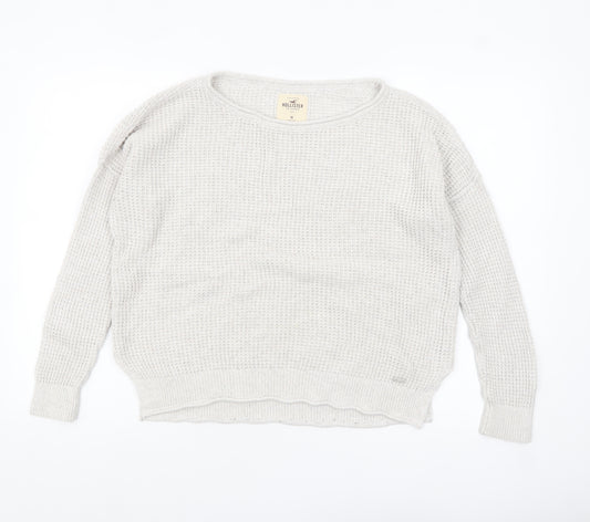 Hollister Women Ivory Waffle-Knit Cotton Jumper M Relaxed Fit