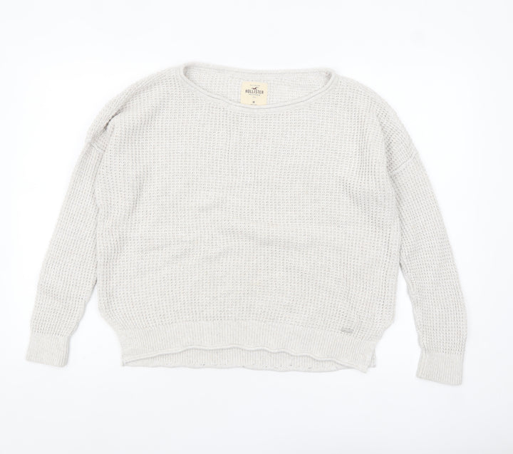 Hollister Women Ivory Waffle-Knit Cotton Jumper M Relaxed Fit