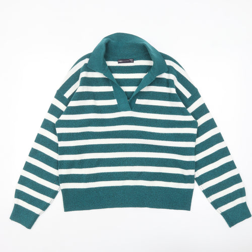 Marks and Spencer Women's Green Striped Collared Pullover Jumper M