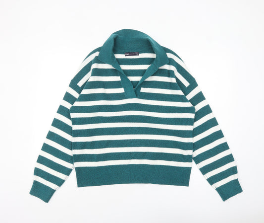 Marks and Spencer Women's Green Striped Collared Pullover Jumper M