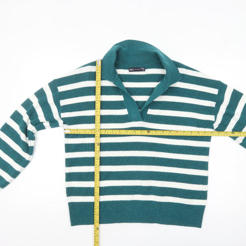 Marks and Spencer Women's Green Striped Collared Pullover Jumper M