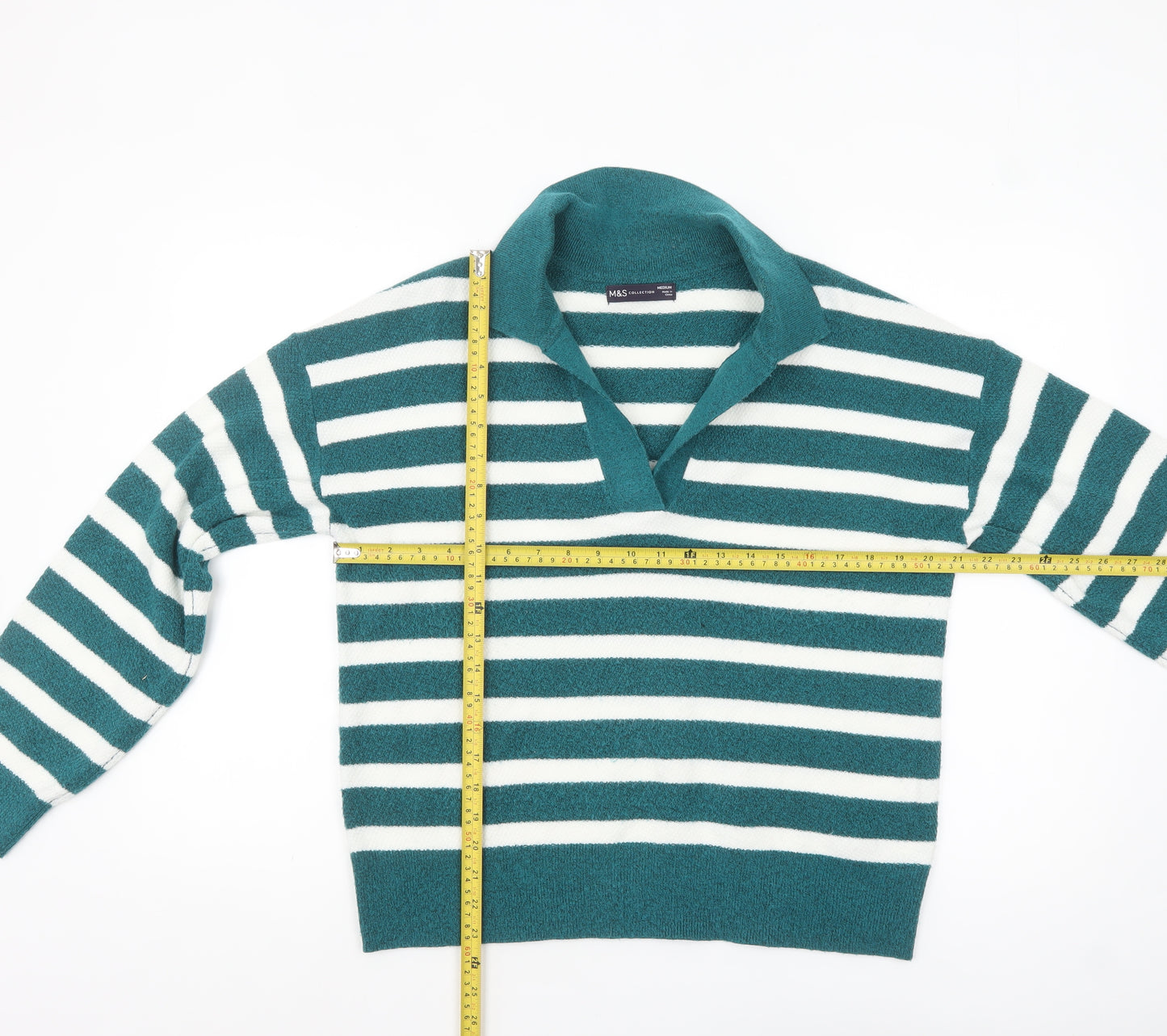 Marks and Spencer Women's Green Striped Collared Pullover Jumper M