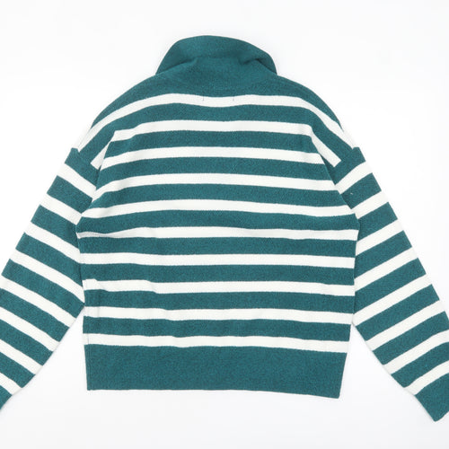 Marks and Spencer Women's Green Striped Collared Pullover Jumper M