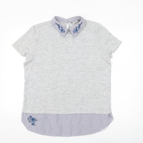 Tu Women Grey Embroidered Collared Short Sleeve Blouse Size 16