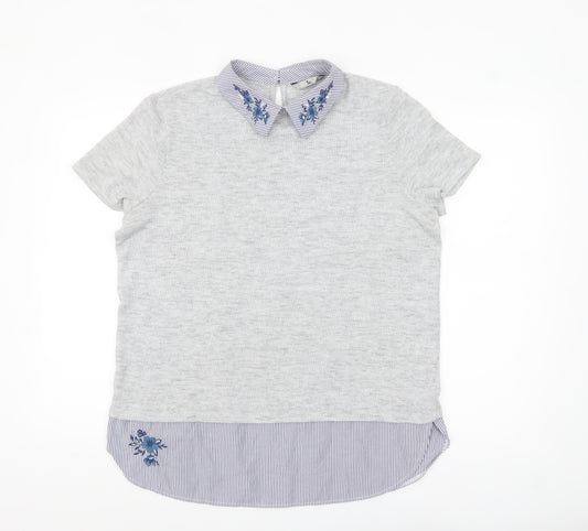 Tu Women Grey Embroidered Collared Short Sleeve Blouse Size 16