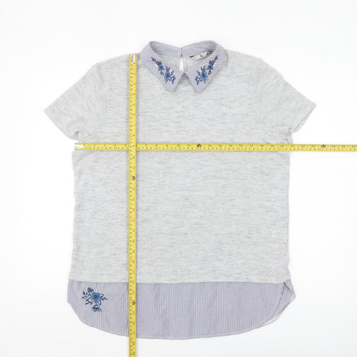 Tu Women Grey Embroidered Collared Short Sleeve Blouse Size 16