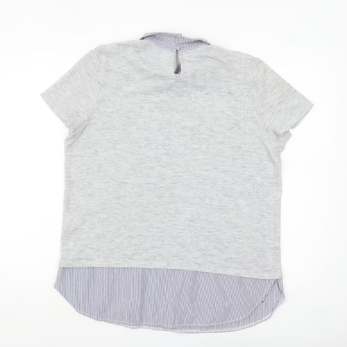 Tu Women Grey Embroidered Collared Short Sleeve Blouse Size 16