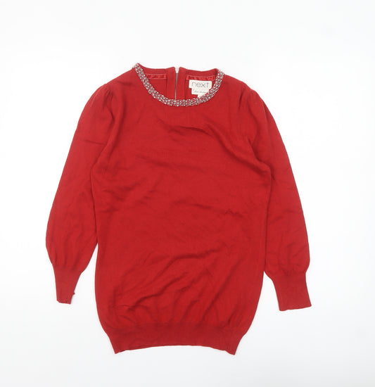 Next Women Red Embellished Crew Neck Long Sleeve Jumper Size 10