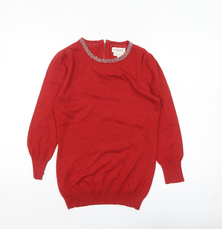 Next Women Red Embellished Crew Neck Long Sleeve Jumper Size 10