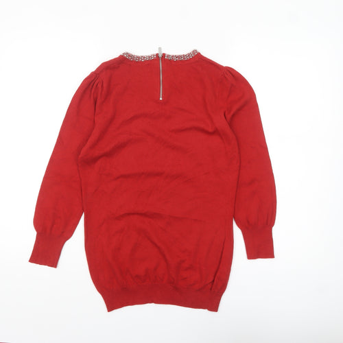 Next Women Red Embellished Crew Neck Long Sleeve Jumper Size 10