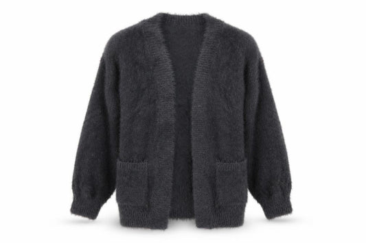 Front view of Next girls’ grey fuzzy knit cardigan 8 years long sleeve open front