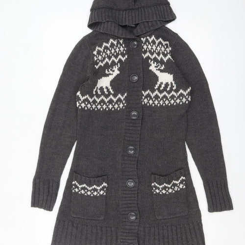 Papaya Womens Grey Fair Isle Hooded Long Cardigan Size 12