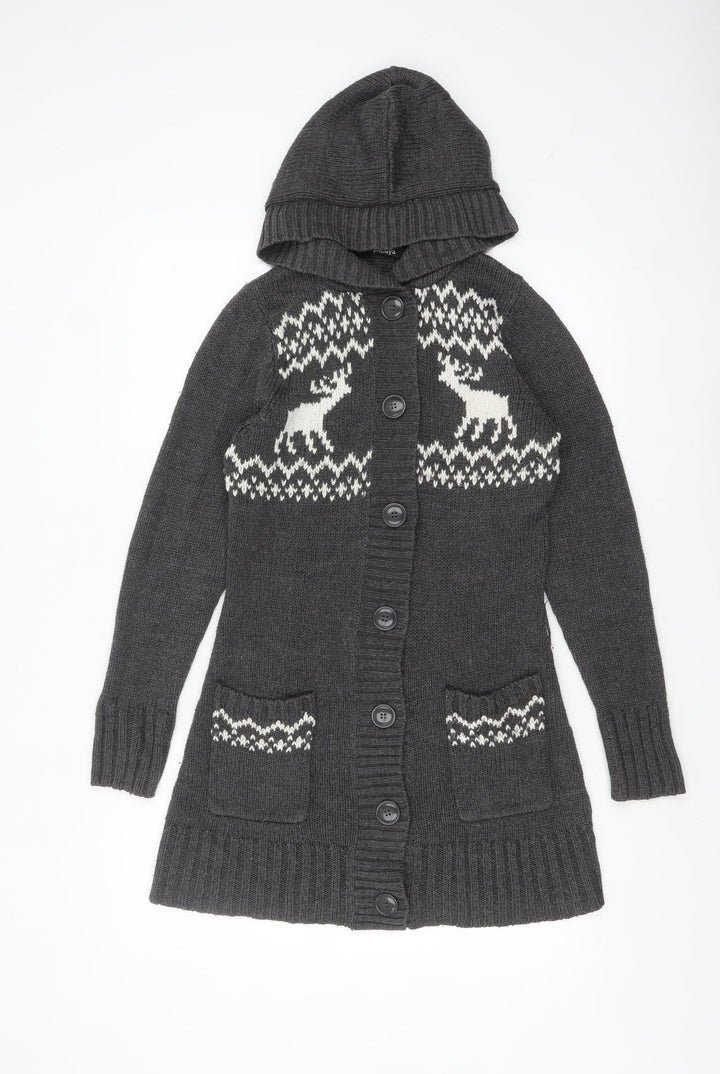 Papaya Womens Grey Fair Isle Hooded Long Cardigan Size 12
