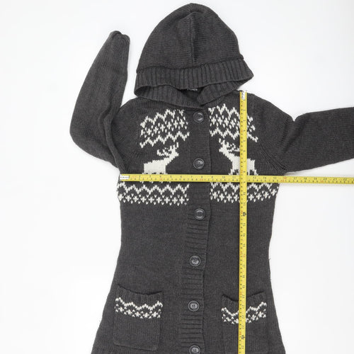 Papaya Womens Grey Fair Isle Hooded Long Cardigan Size 12