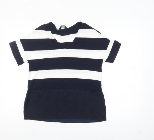 F&F Women’s Navy White Striped V-Neck Short Sleeve Top UK 10