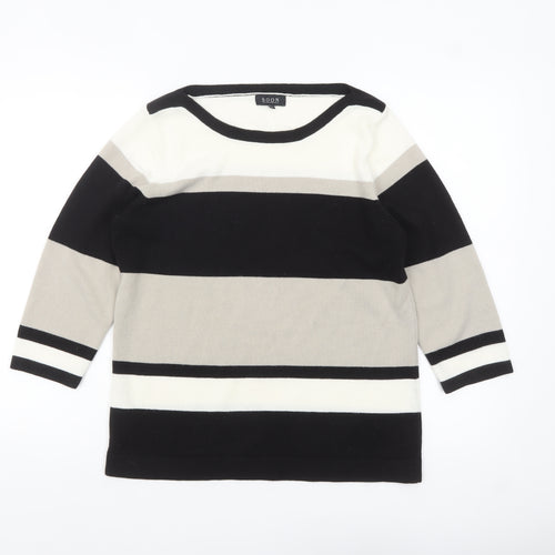 SOON Women's Black Grey White Striped 3/4 Sleeve Acrylic Jumper Size 16