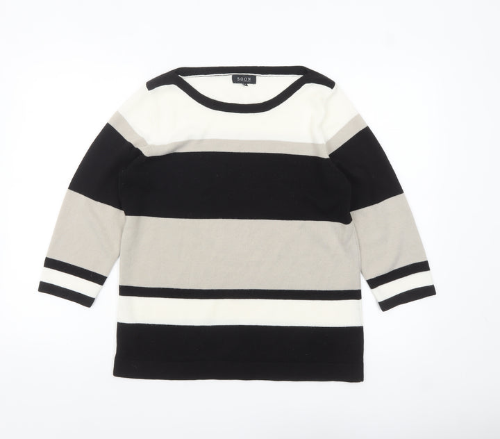 SOON Women's Black Grey White Striped 3/4 Sleeve Acrylic Jumper Size 16