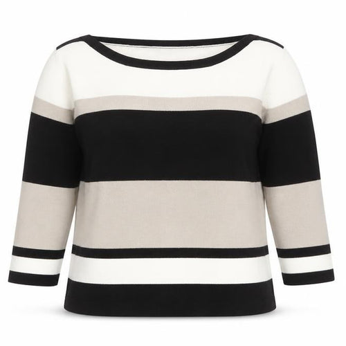 SOON Women's Black Grey White Striped 3/4 Sleeve Acrylic Jumper Size 16