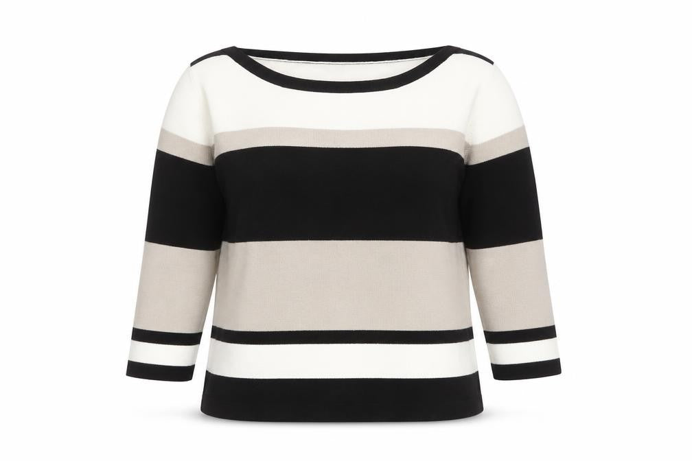 SOON Women's Black Grey White Striped 3/4 Sleeve Acrylic Jumper Size 16