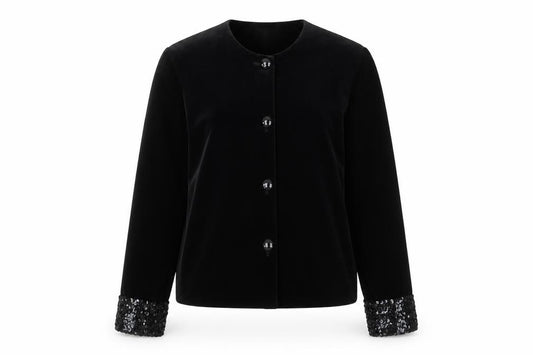 Front view of Classics Women's Black Sequin Cuff Velvet Jacket, size 12