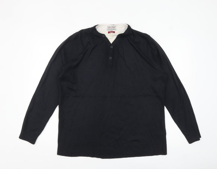 TU Men's Black Henley Knit Jumper Medium Lightweight Casual