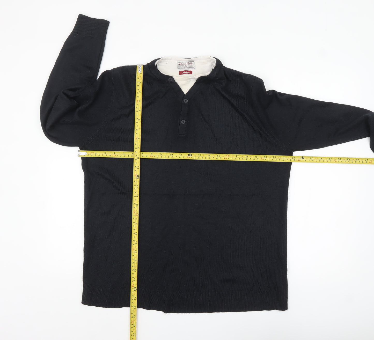 TU Men's Black Henley Knit Jumper Medium Lightweight Casual