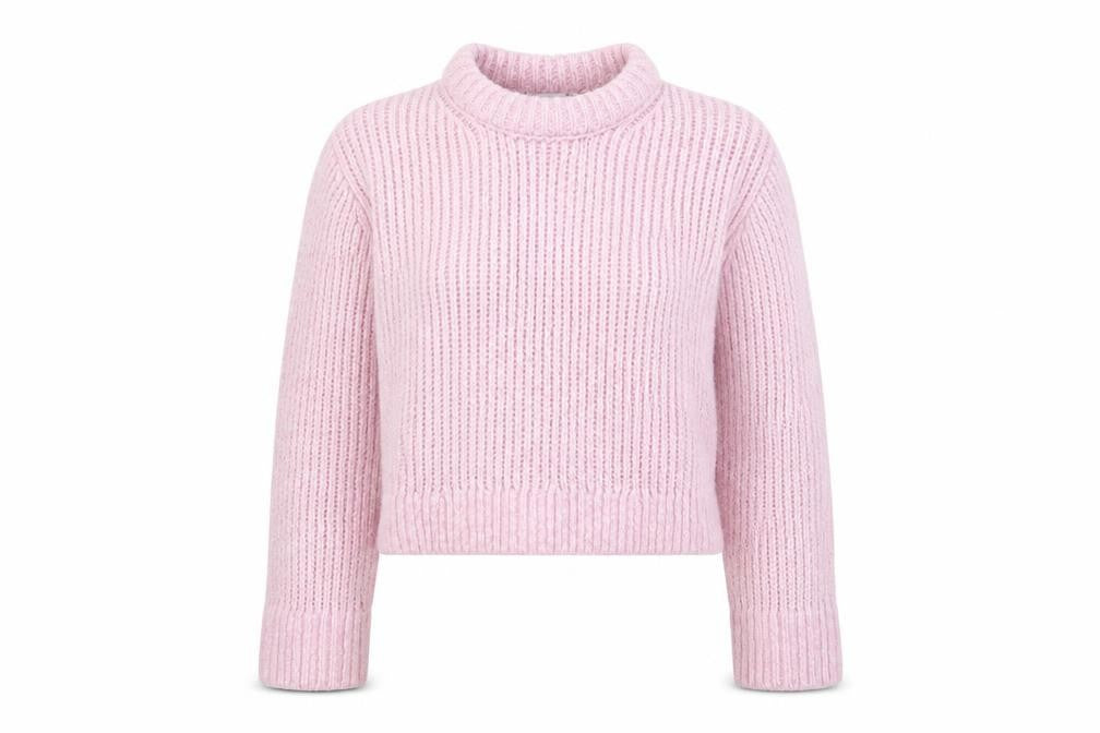 Front view of Weekday Women's Pink Chunky Knit High Neck Wool Blend Jumper, size L