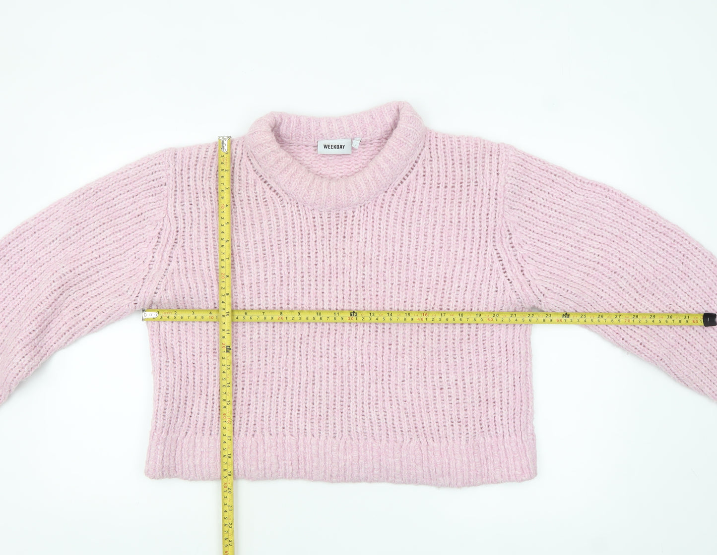 Weekday Women's Pink Chunky Knit High Neck Wool Blend Jumper Size L