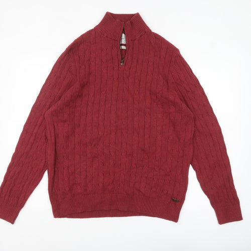 White Stuff Men's Red Cotton Cable Knit Half Zip Jumper XL
