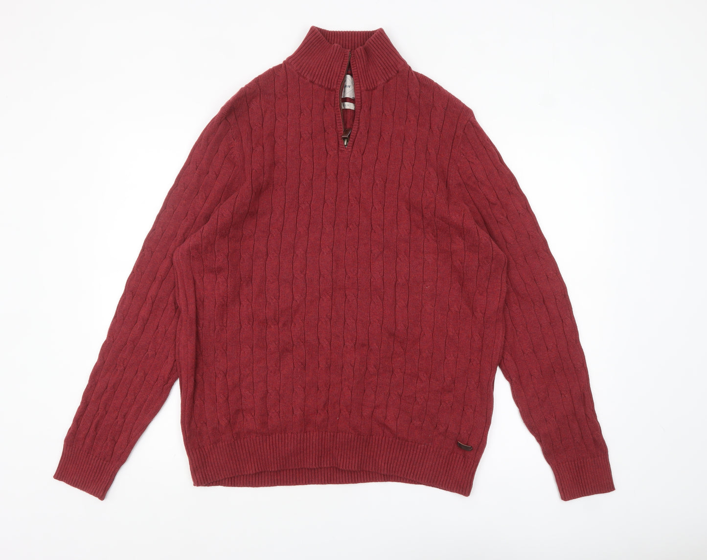White Stuff Men's Red Cotton Cable Knit Half Zip Jumper XL