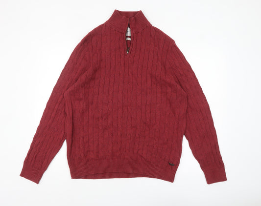 White Stuff Men's Red Cotton Cable Knit Half Zip Jumper XL