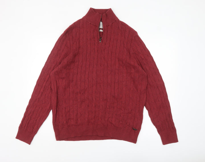 White Stuff Men's Red Cotton Cable Knit Half Zip Jumper XL