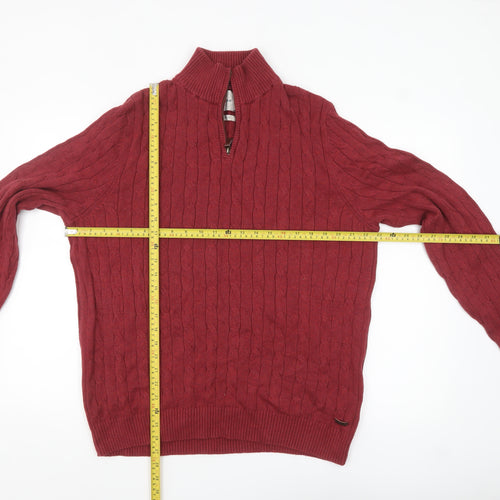 White Stuff Men's Red Cotton Cable Knit Half Zip Jumper XL