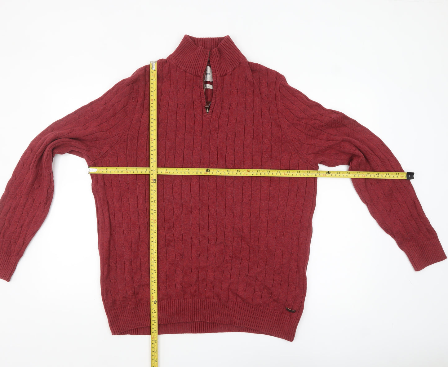 White Stuff Men's Red Cotton Cable Knit Half Zip Jumper XL
