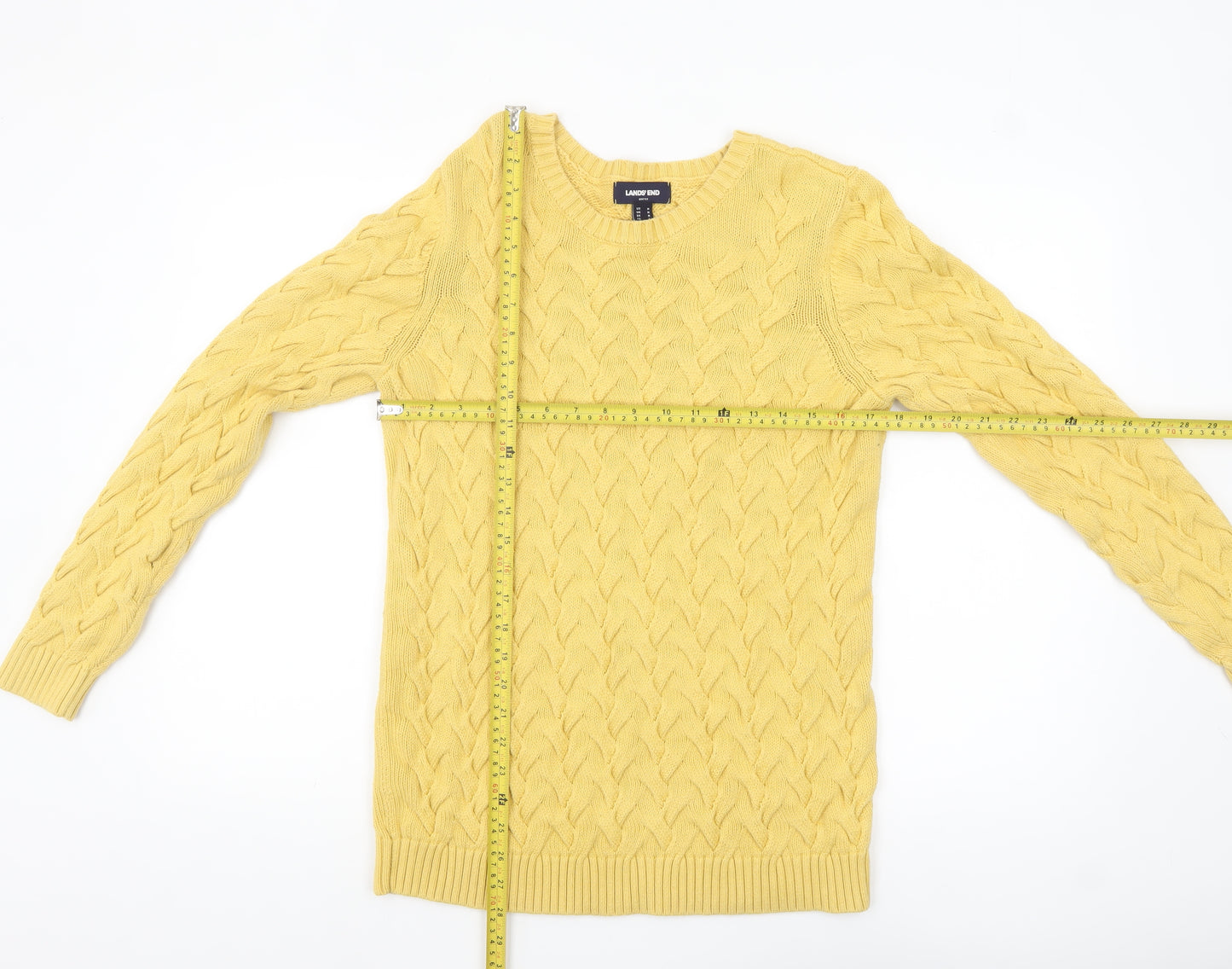 Lands' End Womens Yellow Cable Knit Cotton Jumper Medium